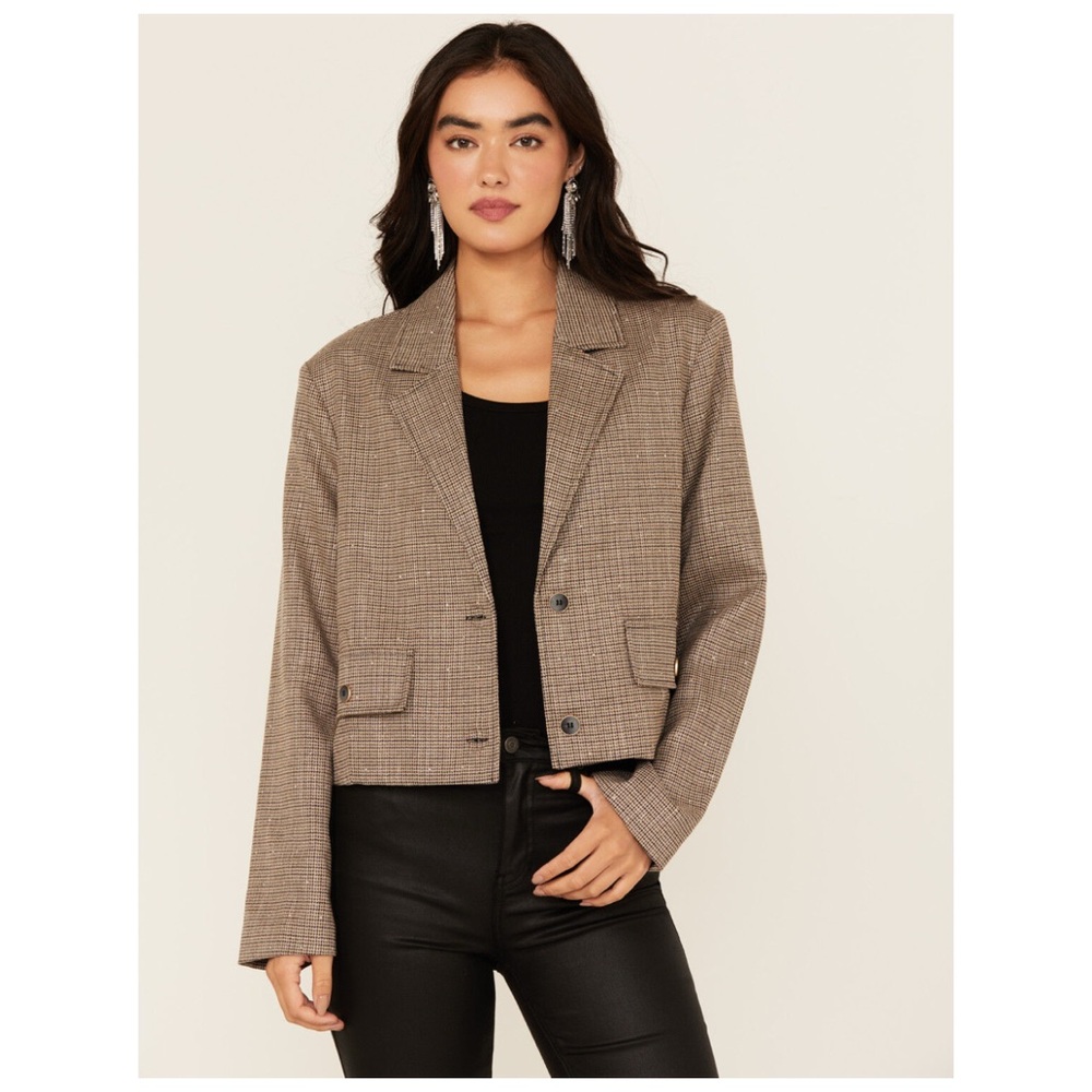 MYSTREE Women’s Plaid Print Rhinestone Cropped Blazer Size Medium NWT